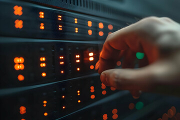 Hand adjusting audio mixer controls in dark room