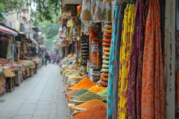 A vibrant street in a busy bazaar, with spices and fabrics hanging from stalls, creating a lively and sensory-rich environment.
