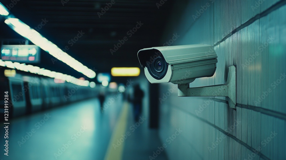 Poster A close-up of a motion-detecting CCTV camera on the side of a public transportation station, with minimalistic design and clean surroundings