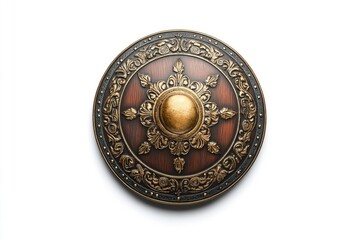 A golden shield with brown accents on a white background