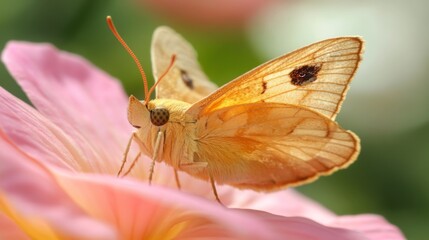 Obraz premium A close-up of a moth resting on a flower petal, showcasing its soft wings and natural colors against the vibrant background of blooming flowers