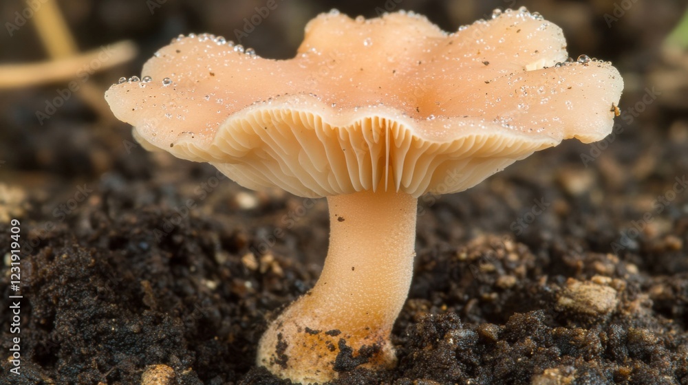 Poster a close-up of a mushroom stem with tiny water droplets on its surface, set against a blurred backgro