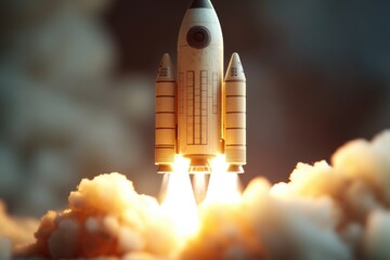 A model of a space shuttle takes off, with flames and smoke visible as it lifts off the launchpad