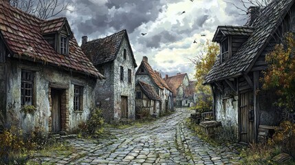 Cobblestone street, autumn village, stormy sky, game background
