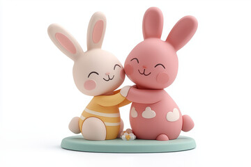 Obraz premium Adorable bunny figurine duo embracing, pastel colors, charming expressions.