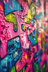 Naklejka premium A vibrant street art scene featuring multiple colors and designs on a city wall