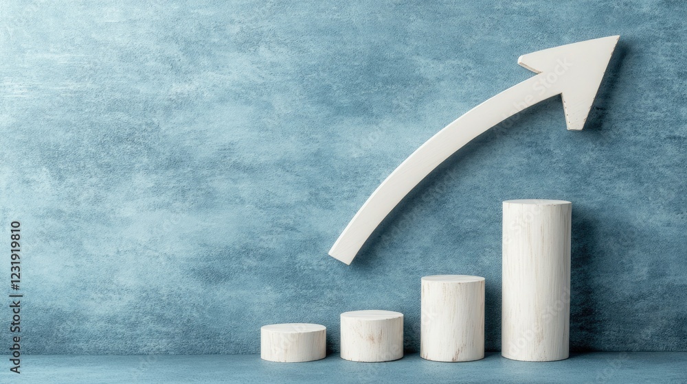 Poster growth trend represented by ascending bar graph on textured blue background with upward arrow indica