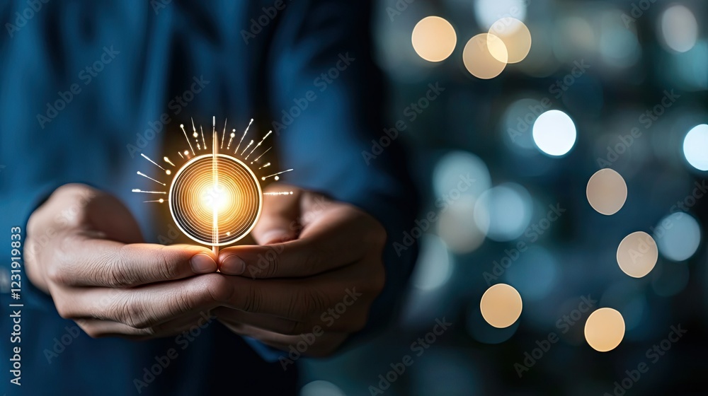 Poster hands hold a glowing orb with radiant light while blurred background creates an ethereal atmosphere 