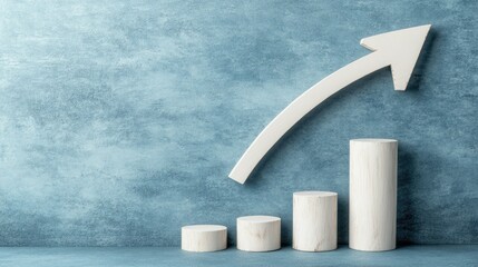 Growth trend represented by ascending bar graph on textured blue background with upward arrow indicating progress and increase over time
