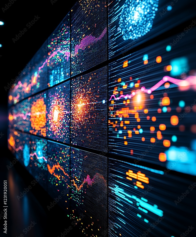 Poster wall of vibrant data visualizations displays complex information patterns.