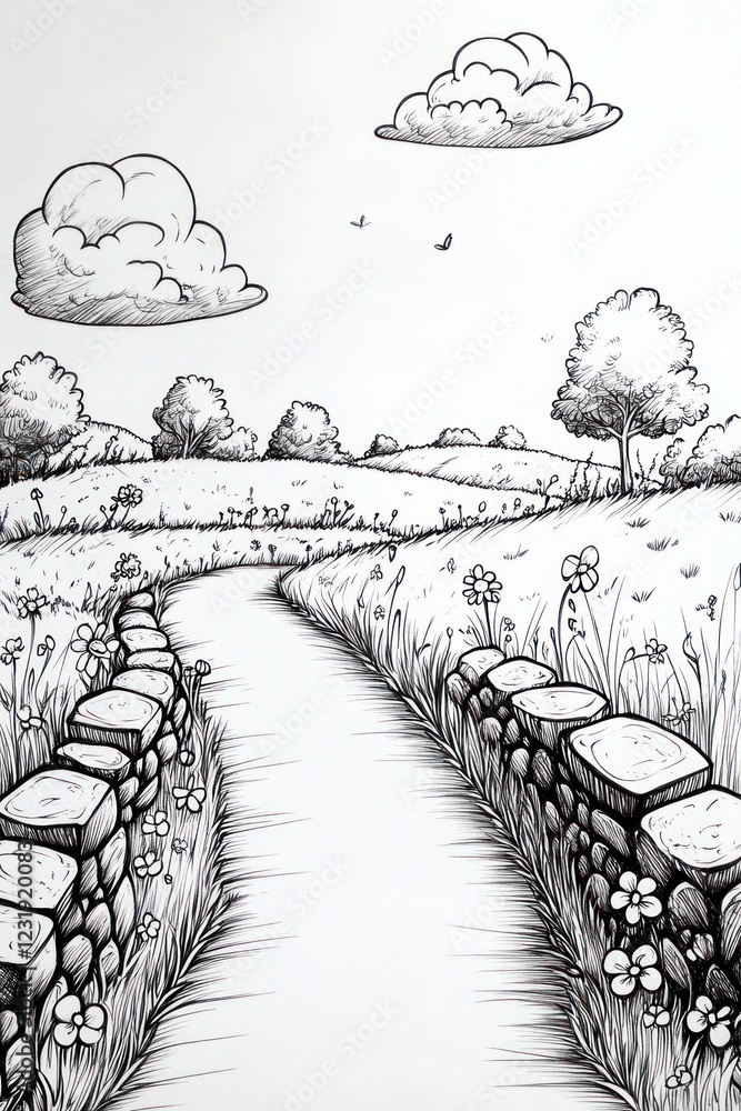Poster a winding path through a meadow with stone walls on either side, leading to a forest in the distance