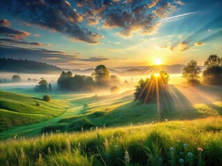 Emerald fields kissed by dawn's surreal dew, a fantastical landscape unfolds.