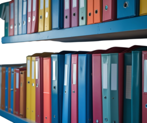 a row of colorful binders on a shelf against a blue wall