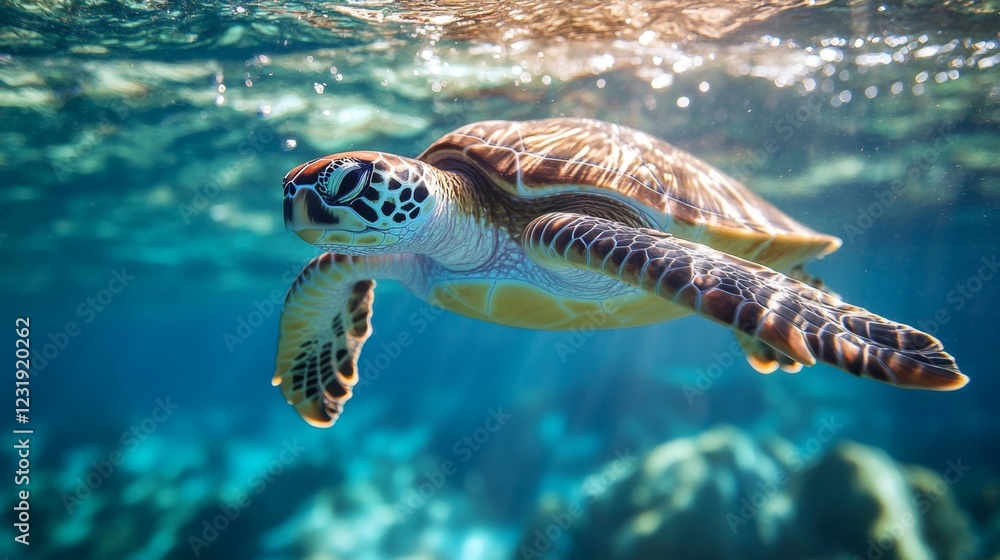 Poster a close-up of a sea turtle gliding gracefully through crystal-clear ocean waters, with sunlight filt