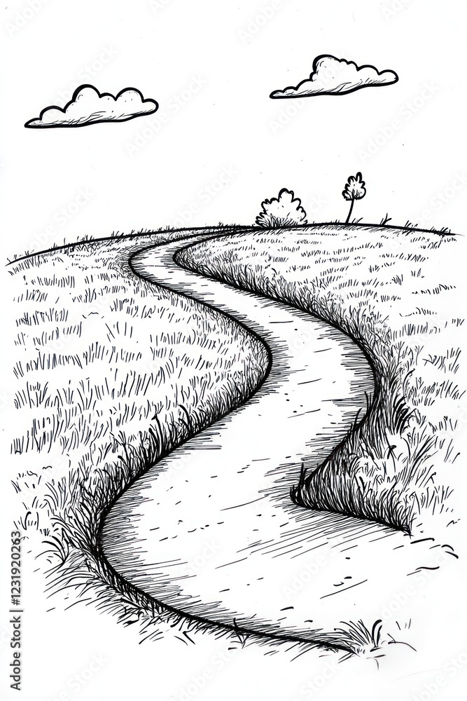 Poster a winding path through a grassy field with two trees and clouds in the sky.