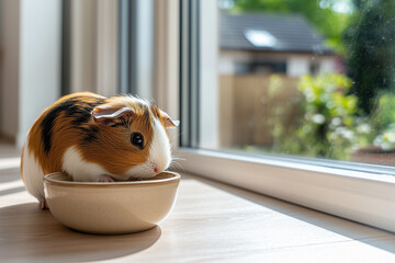 Meerschweinchen und Futternapf am Fenster
