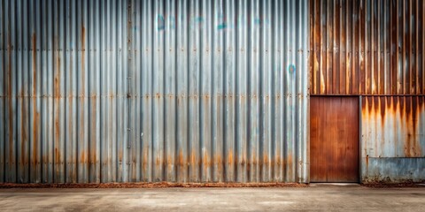 Rustic corrugated metal wall with a weathered brown door, perfect for industrial or grunge design projects.