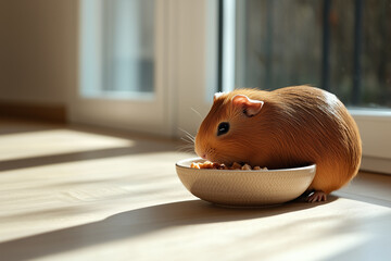 Meerschweinchen und Futternapf am Fenster
