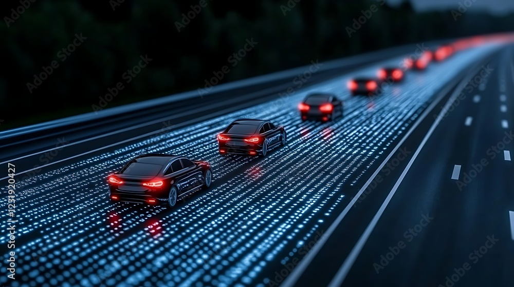 Poster autonomous vehicles navigating a highway with digital code overlay