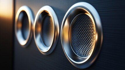 A close-up of a sleek, round car speaker embedded in a door panel, with brushed metal detailing and soft lighting highlighting the speaker grille