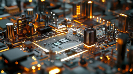 Obraz premium Artificial intelligence banner. Concept of innovation technologies in life. Vector isometric illustration of network, circuit connection of chip with hologram brain and computer, house and car