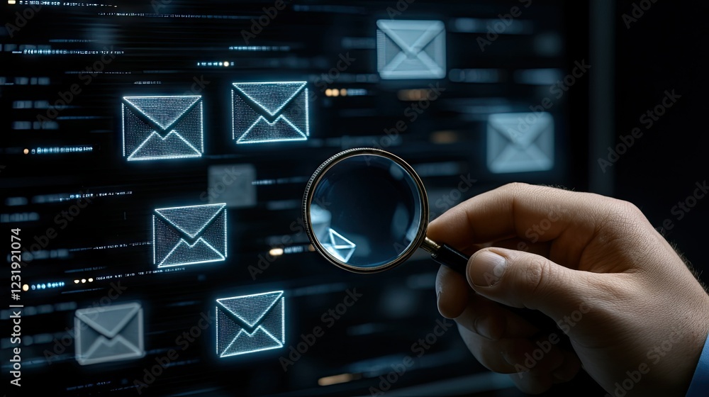 Poster digital communication through email inbox with magnifying glass highlighting messages and data on a 