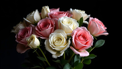 A romantic and elegant Valentine's bouquet of roses, tulips, and peonies in soft pink and white shades, arranged beautifully against a solid black background