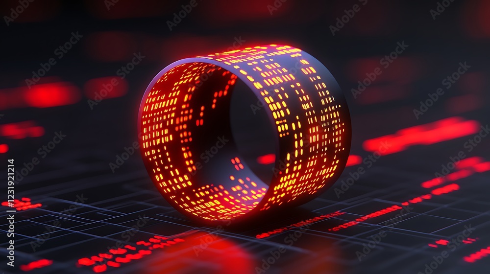 Poster futuristic ring displaying illuminated binary code on a dark circuit board