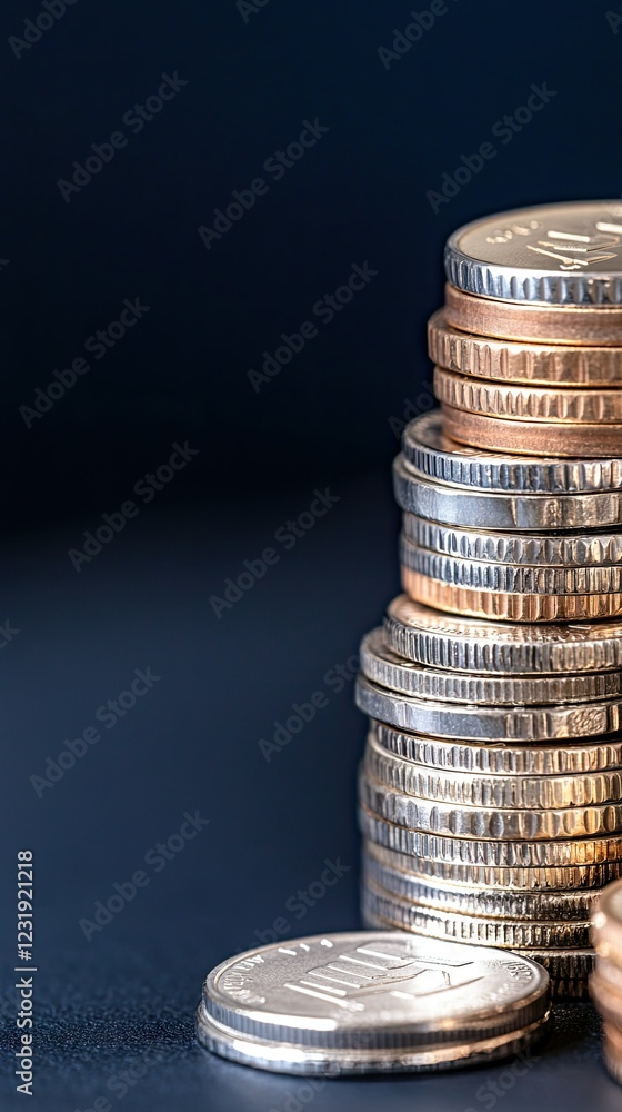 Poster stacked coins in varying sizes showcasing metallic surfaces against a dark background, emphasizing v
