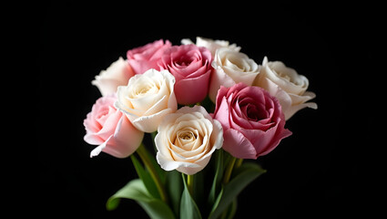 Fototapeta premium A romantic and elegant Valentine's bouquet of roses, tulips, and peonies in soft pink and white shades, arranged beautifully against a solid black background