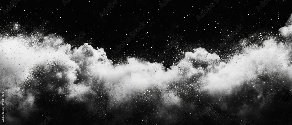 Poster swirling smoke texture with floating particles and atmospheric details on a black background