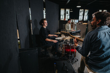 Fototapeta premium The image showcases a group of musicians rehearsing in a well-equipped music studio, focusing on teamwork and musical performance practice.