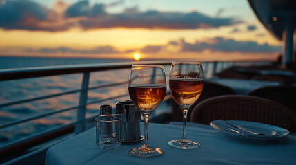 Obraz premium Delicious drinks on the cruise offer a relaxing experience on the high seas, providing comfort during a smooth voyage.