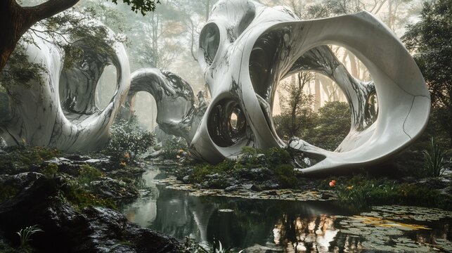 Futuristic marble structure in misty forest garden