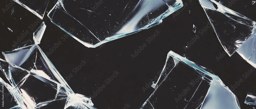 Poster smooth broken glass fragments creating a textured overlay on a black background