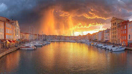 Fototapeta premium Sunset Storm, Harbor, Boats, Cityscape, France