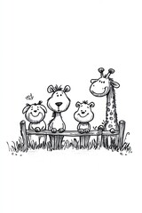 Four cartoon animals, a giraffe, a dog, and two bears, are sitting on a wooden fence.