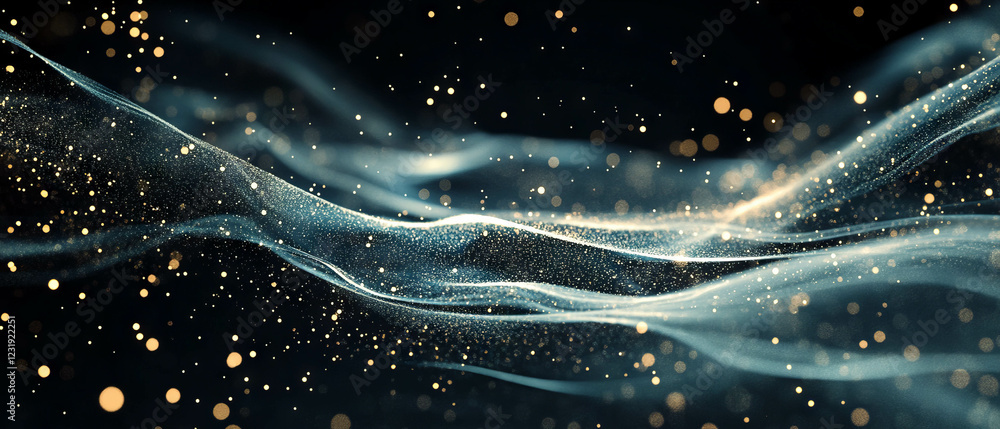 Poster wavy spark streams with glowing particles create a dynamic energy overlay on black background