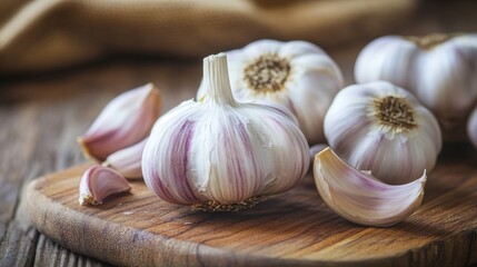 A close-up of fresh garlic bulbs with their papery skin still intact, arranged on a rustic wooden cutting board, highlighting their natural texture and color.