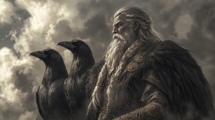 Norse god standing with ravens against a dark, cloudy sky in a powerful representation of mythology and strength