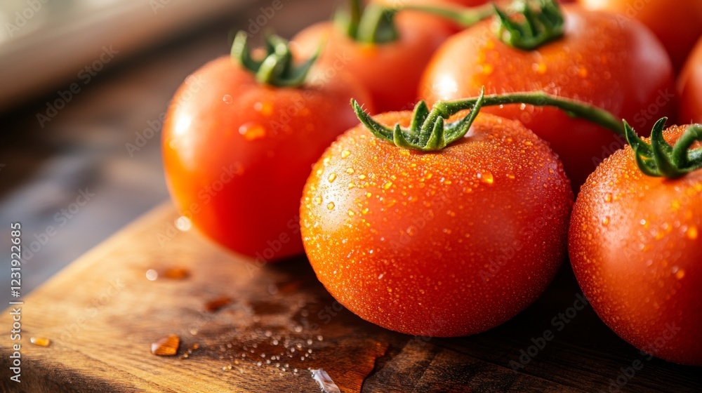 Poster a close-up of fresh, ripe tomatoes with droplets of water on their surface, arranged on a rustic woo
