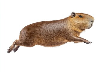 A capybara jumps high in the air with its long tail extended