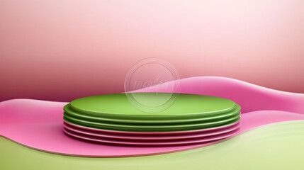 Obraz premium Two cylinder green and pink product podium with wave layers abstract geometric wall for goods display and promotion. Realistic 3d studio room background with template of round pedestal and curve shape