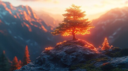 Fototapeta premium Sunset tree mountaintop serenity landscape