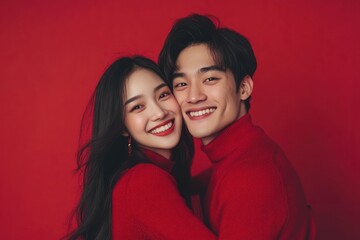 st. valentine's day greeting card, romantic dating concept, relationship, romance. smiling young asian couple in matching red sweaters against vibrant background. celebration of love and unity.