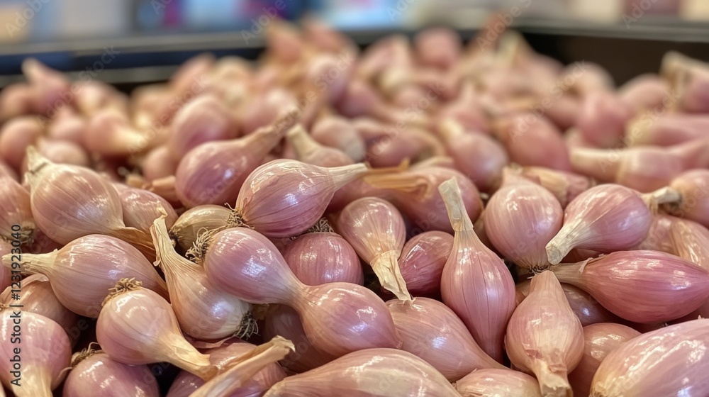Poster A close-up of shallots and onions piled together in a market display, highlighting the different sizes and colors, creating a rich and inviting food scene