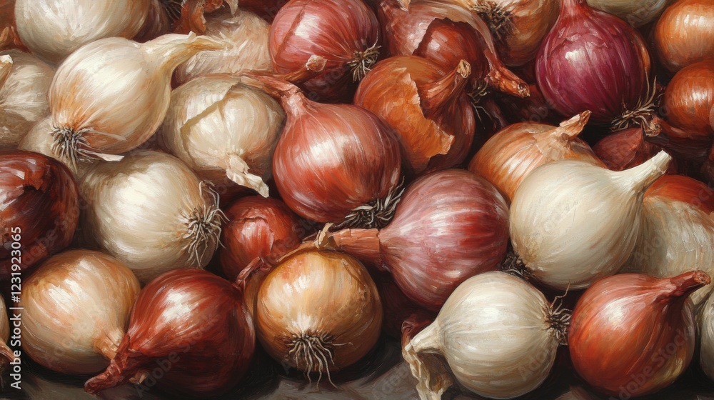 Poster A close-up of shallots and onions piled together in a market display, highlighting the different sizes and colors, creating a rich and inviting food scene