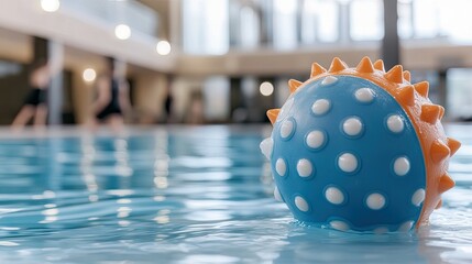 Bright blue and orange rubber ball floating in a calm indoor swimming pool surrounded by soft lighting and people exercising in the background