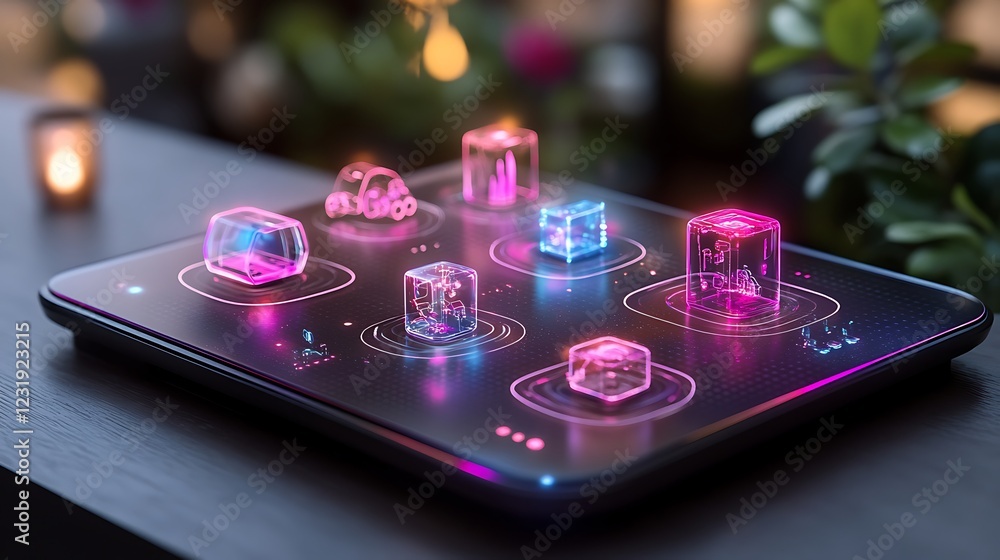 Poster holographic data cubes on a futuristic smart device display