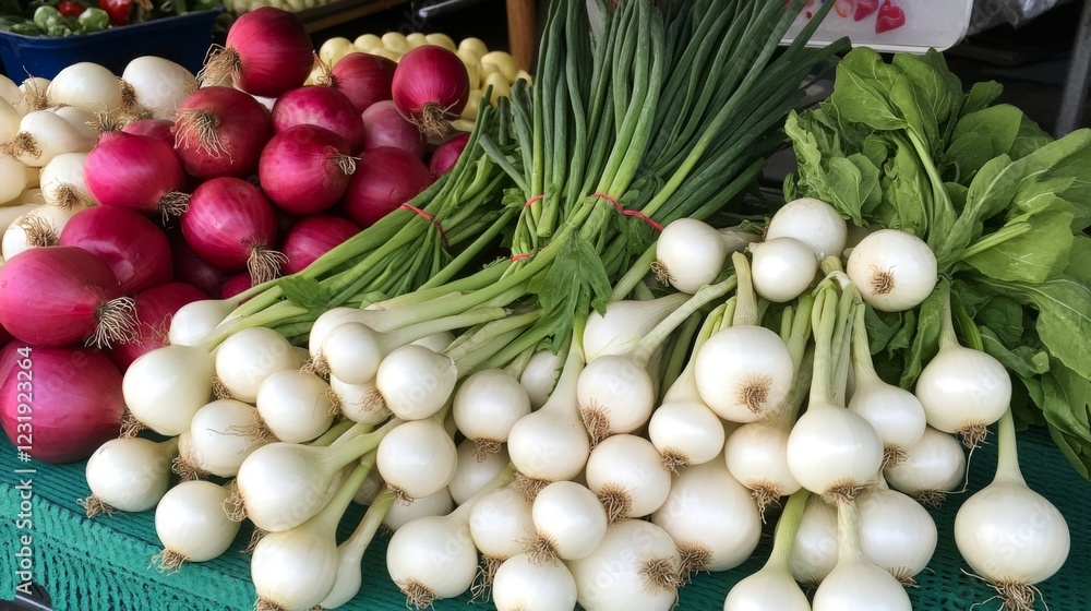 Poster A close-up of shallots and onions piled together in a market display, highlighting the different sizes and colors, creating a rich and inviting food scene